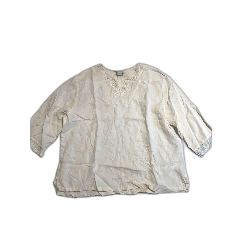 B- Vintage Donna Women's Embroidered V-Neck Boho Linen Blouse Cream Size L